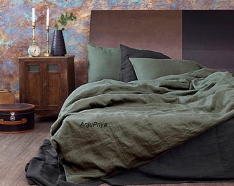 Juego de funda nórdica de algodón verde musgo: ropa de cama bohemia lavada a la piedra, fundas de almohada suaves y lavadas