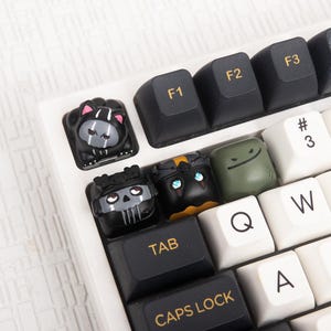 Może przedstawiać: Zbliżenie klawiatury mechanicznej z niestandardowymi nakładkami na klawisze. Nakładki na klawisze przedstawiają różne projekty postaci z kreskówek w kolorach czarnym, szarym i zielonym. Klawiatura ma czarne i białe klawisze. Nakładki na klawisze znajdują się na białej klawiaturze.