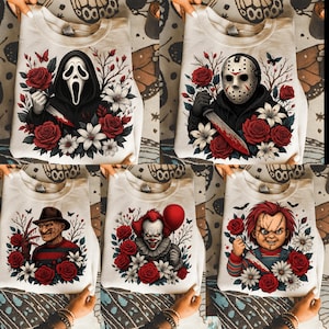 5 Horror Character Floral Halloween Png, Halloween Michael,Janson,Clown,Fready Png, Chucky Png, Scary Halloween Mama, Digital File Download