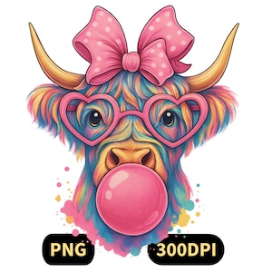 Cow Bubblegum PNG: Coquette Highland Cow with Bow (Digital Download