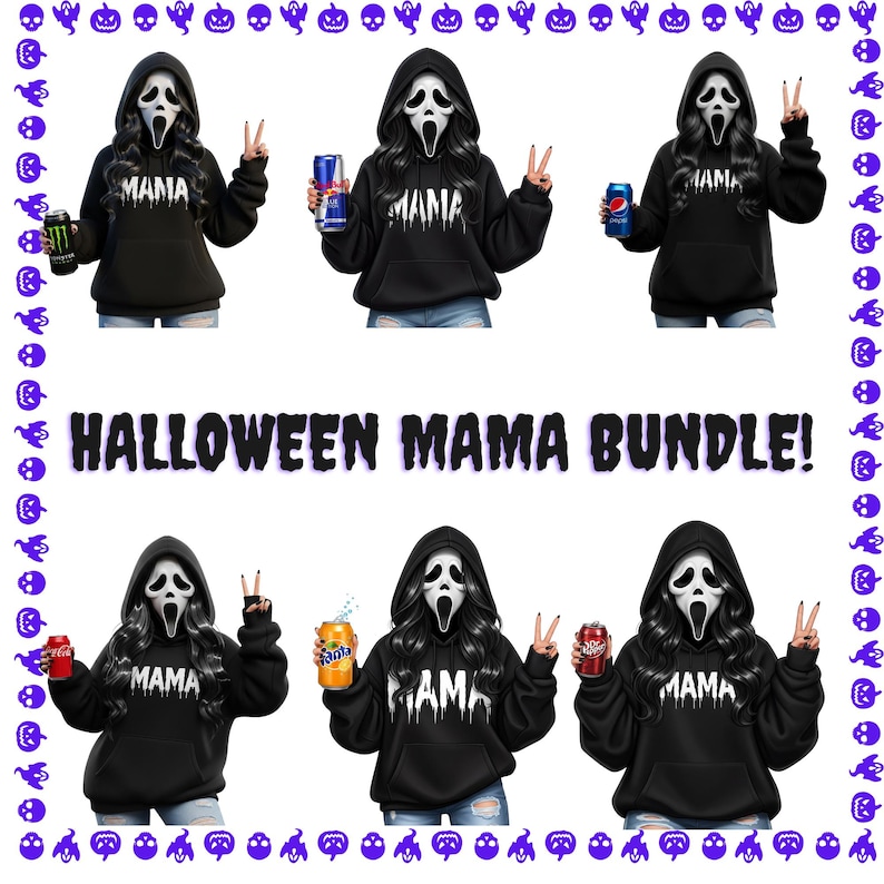 May include: A Halloween-themed image featuring six figures in black hoodies with the word "MAMA" in white, wearing Ghostface masks. Each figure holds a different beverage. The text "HALLOWEEN MAMA BUNDLE!" is displayed.