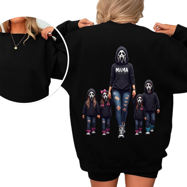 May include: A black sweatshirt featuring a graphic on the back of a person wearing a ghost mask and a hoodie with the word MAMA printed on it, accompanied by four children also wearing ghost masks and hoodies, with blue jeans and sneakers.