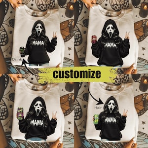 May include: A beige sweatshirt featuring a graphic of a figure in a black hooded sweatshirt with a ghost mask and the word MAMA printed in white. The graphic shows the figure holding various beverage cans and making a peace sign with one hand.