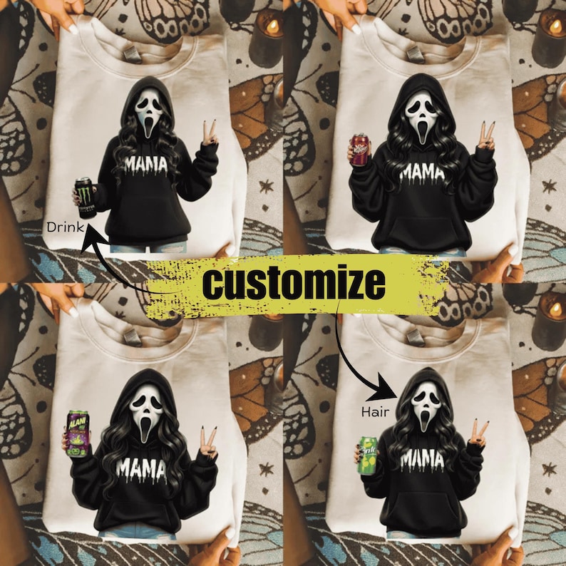 May include: A beige sweatshirt featuring a graphic of a figure in a black hooded sweatshirt with a ghost mask and the word MAMA printed in white. The graphic shows the figure holding various beverage cans and making a peace sign with one hand.