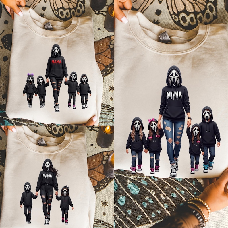 May include: A beige crewneck sweatshirt featuring a graphic print of a central figure wearing a ghost mask and a black hoodie with the text MAMA, surrounded by four smaller figures in matching ghost masks and black hoodies, some with pink bows.