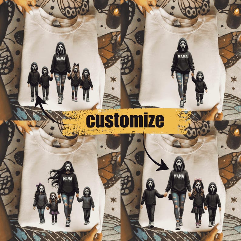 May include: A beige crewneck sweatshirt featuring four variations of a graphic print showing a central figure in a black hoodie with a ghost mask and the word MAMA, accompanied by smaller figures in matching ghost masks and black hoodies.