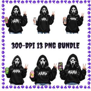 May include: A digital illustration featuring six figures in a Scream mask and black hoodie with the word "MAMA" in white. Each figure holds a beverage can. The image includes the text "300-DPI 13 PNG BUNDLE".