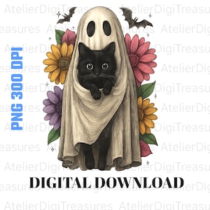 Halloween Ghost PNG: Flower Crown, Black Cat Clipart (300dpi Digital Download)