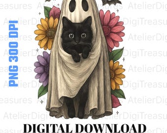 Halloween Ghost PNG: Flower Crown, Black Cat Clipart (300dpi Digital Download)