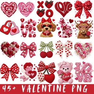 Op de afbeelding: Een verzameling PNG-afbeeldingen met Valentijnsdagthema. De afbeeldingen bevatten harten, strikken, cherubs en een teddybeer, allemaal in tinten rood, roze en wit. De tekst "LOVE" is ook te zien in de afbeelding.