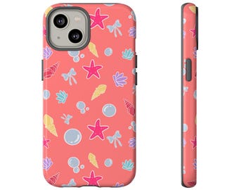 May include: A pink phone case with a pattern of seashells, starfish, and bubbles. The case has a cutout for the camera lens.