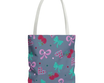 Cherry Bow Tote Bag, Cute Cherry Tote, Women's Summer Tote, Red Bow Handbag, Fruit Print Shoulder Bag