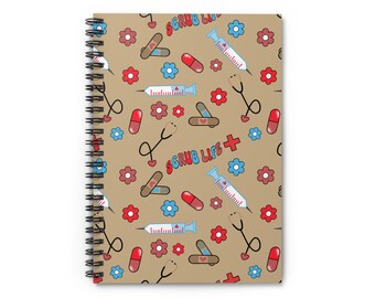 Cuaderno espiral con líneas, cuaderno de enfermera, jeringas, curitas, medicamentos, flores, diario médico, planificador, regalo para estudiantes de enfermería.
