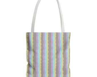 Wavy Stripes Tote Bag, Purple Blue Yellow Beach Bag, Summer Shopping Tote, Reusable Grocery Bag, Shoulder Bag, Pastel Striped Tote