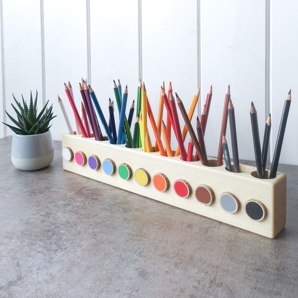 Montessori wood pencil holder, crayon holder, adult coloring, wood desk organizer, artist pencil organizer, pen box, desk storage