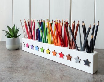 WHITE Montessori wood pencil holder, crayon holder, adult coloring, wood desk organizer, artist pencil organizer, pen box, desk storage