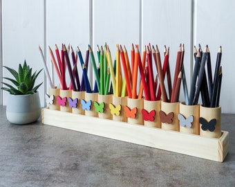 Montessori wood pencil holder, color sorting, practical life, adult coloring pencil holder, wood desc organizer