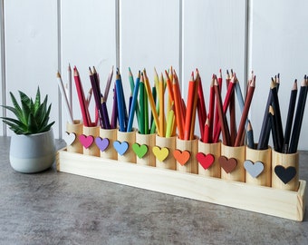 Montessori wood pencil holder, color sorting, practical life, adult coloring pencil holder, wood desc organizer