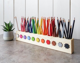 Montessori wood pencil holder, crayon holder, adult coloring, wood desk organizer, artist pencil organizer, pen box, desk storage