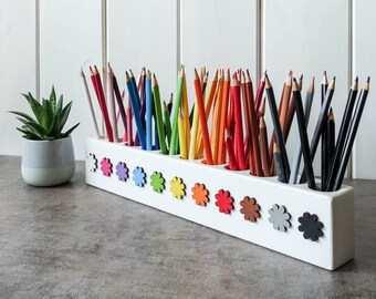 WHITE Montessori wood pencil holder, crayon holder, adult coloring, wood desk organizer, artist pencil organizer, pen box, desk storage