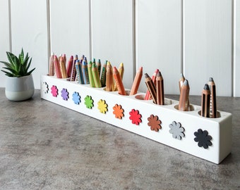 WHITE LARGE Montessori wood pencil holder, crayon holder, adult coloring, desc organizer, artist pencil organizer, pen box, desk storage