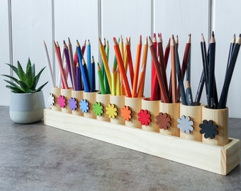 Montessori wood pencil holder, color sorting, practical life, adult coloring pencil holder, wood desc organizer