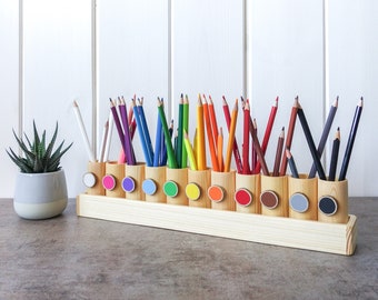 Montessori wood pencil holder, color sorting, practical life, adult coloring pencil holder, wood desc organizer