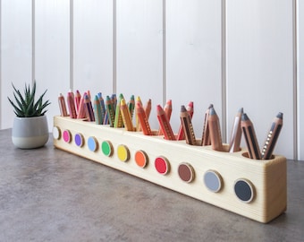 LARGE Montessori wood pencil holder, crayon holder, color sorting, adult coloring pencil holder, wood desc organizer,artist pencil organizer