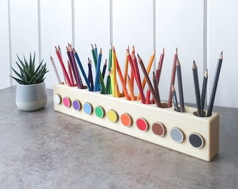 Montessori wood pencil holder, crayon holder, color sorting, adult coloring pencil holder, wood desc organizer, artist pencil organizer