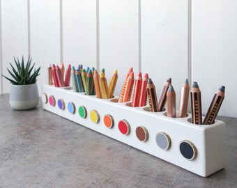 WHITE LARGE Montessori Holz Stiftehalter, Buntstifte Halter, Malbuch für Erwachsene, Schreibtisch Organizer, Stiftebox, Stiftebox