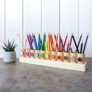 Montessori wood pencil holder, color sorting, practical life, adult coloring pencil holder, wood desc organizer