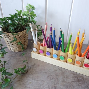 Montessori wood pencil holder, color sorting, practical life, adult coloring pencil holder, wood desc organizer image 6