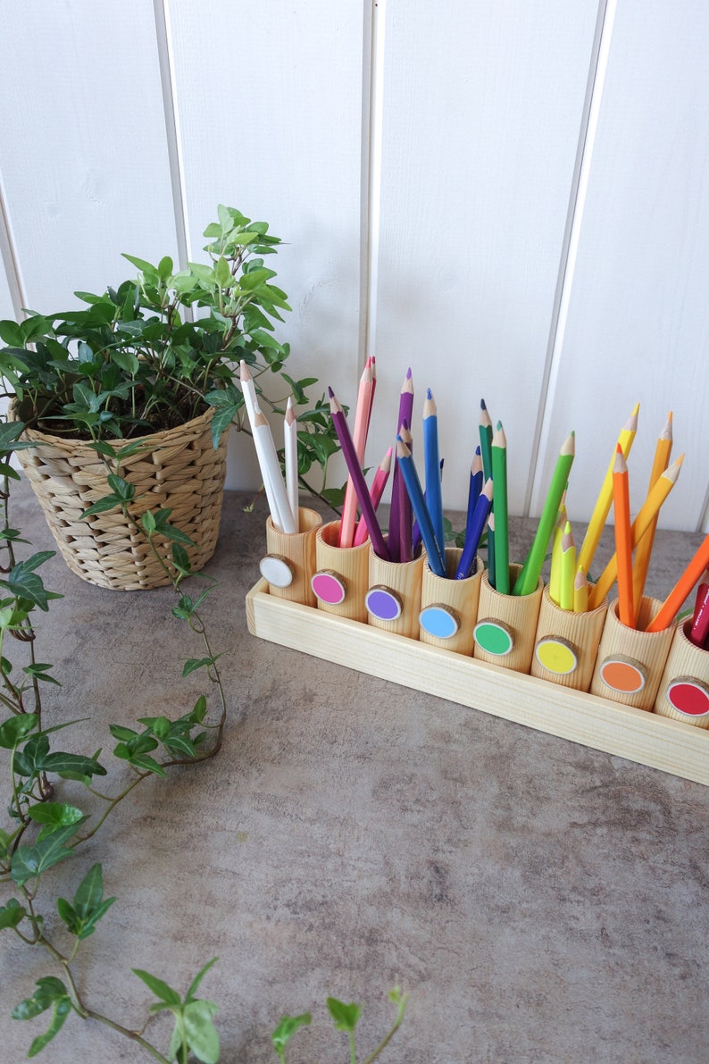 Montessori wood pencil holder, color sorting, practical life, adult coloring pencil holder, wood desc organizer image 6