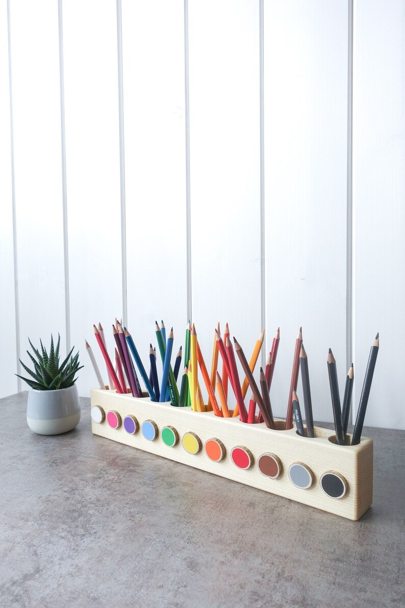 Montessori wood pencil holder, crayon holder, adult coloring, wood desk organizer, artist pencil organizer, pen box, desk storage image 1