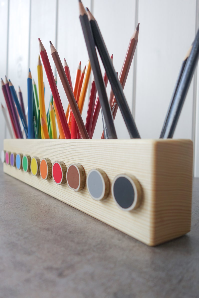 Montessori wood pencil holder, crayon holder, adult coloring, wood desk organizer, artist pencil organizer, pen box, desk storage image 4