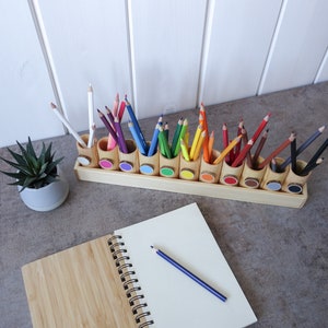 Montessori wood pencil holder, color sorting, practical life, adult coloring pencil holder, wood desc organizer image 4