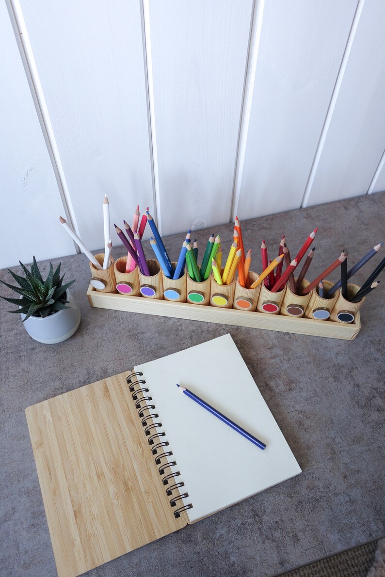 Montessori wood pencil holder, color sorting, practical life, adult coloring pencil holder, wood desc organizer image 4