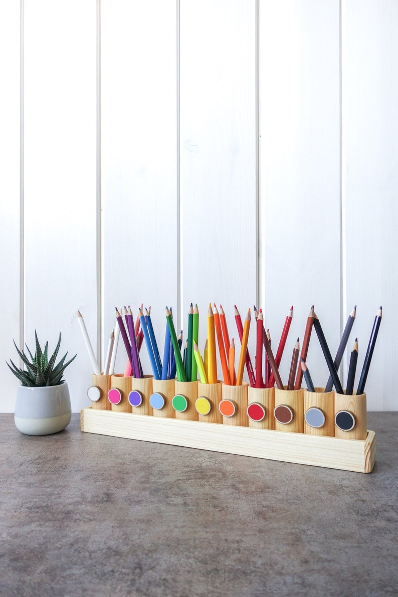 Montessori wood pencil holder, color sorting, practical life, adult coloring pencil holder, wood desc organizer image 1