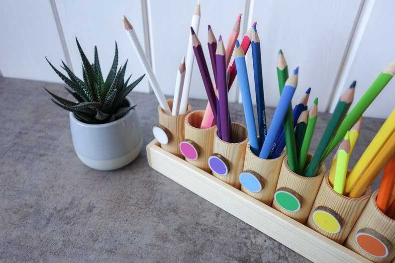 Montessori wood pencil holder, color sorting, practical life, adult coloring pencil holder, wood desc organizer image 3