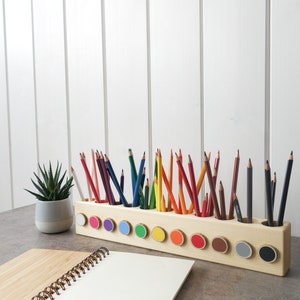 Montessori wood pencil holder, crayon holder, adult coloring, wood desk organizer, artist pencil organizer, pen box, desk storage image 3