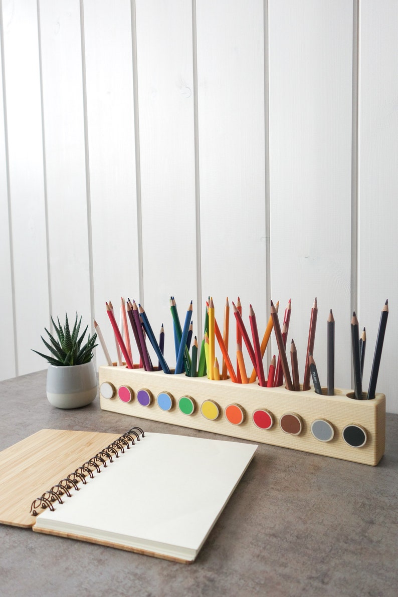 Montessori wood pencil holder, crayon holder, adult coloring, wood desk organizer, artist pencil organizer, pen box, desk storage image 3