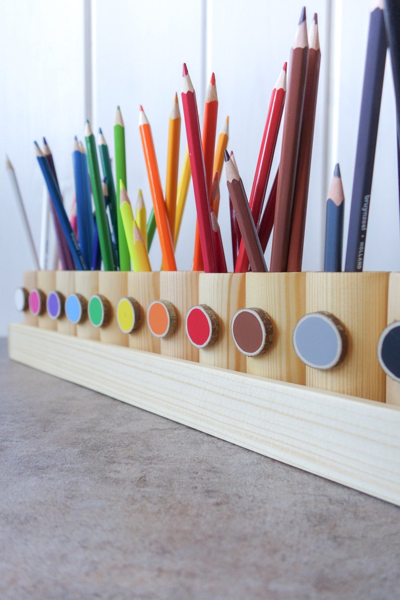 Montessori wood pencil holder, color sorting, practical life, adult coloring pencil holder, wood desc organizer image 5