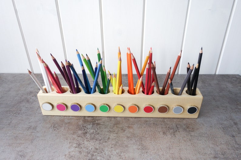 Montessori wood pencil holder, crayon holder, adult coloring, wood desk organizer, artist pencil organizer, pen box, desk storage image 5