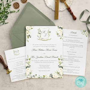 Wedding Invitation Template Printable Wedding Invite Sage Green Wedding Invitation Crest Wedding Invite Floral Wedding Suite Diy HH12