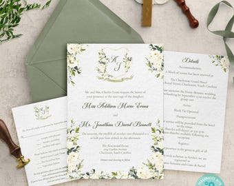 Wedding Invitation Template Printable Wedding Invite Sage Green Wedding Invitation Crest Wedding Invite Floral Wedding Suite Diy HH12