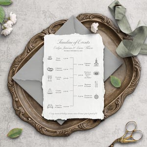 Cronologia del giorno del matrimonio, modello di programma degli ospiti stampabile, itinerario di nozze modificabile, programma della cerimonia, biglietto per l'evento del ricevimento fai da te