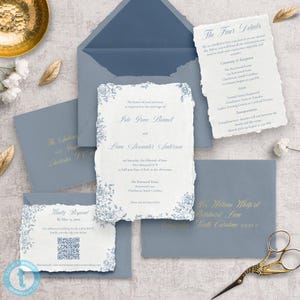 Modèle de faire-part de mariage bleu poussiéreux, invitation florale avec carte de détails RSVP, bord tacheté, impression à la maison, mariage d'été romantique et élégant HH7