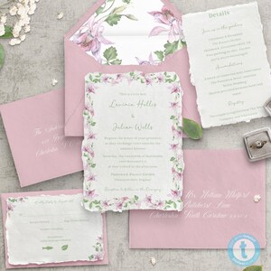 Invito a nozze rosa, modello per matrimonio in giardino, invito floreale Clematis, suite nuziale stampabile, bordo frastagliato, RSVP, download digitale