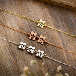 May include: Three silver necklaces with paw print charms. The charms are engraved with the letters "V", "M", "N", "A", and "E". The necklaces are on a wooden surface.