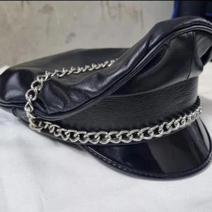 Handmade Leather Peaked Cap: Vintage Biker Officer Style with Metal Chain